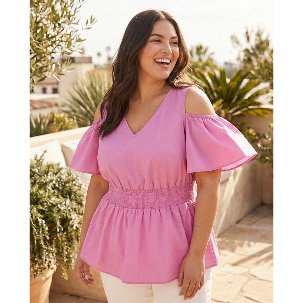 Lane Bryant 20P Pink Cold Shoulder Peplum Top Flutter Sleeve Smocked Waist